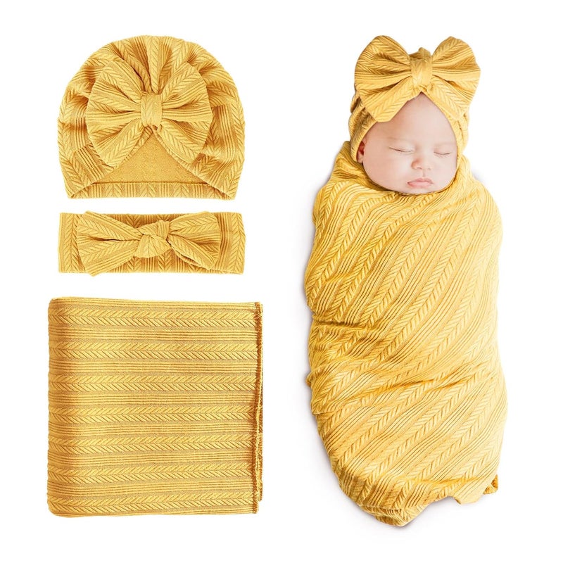 DRESHOW BQUBO Newborn Receiving Blanket Toddler Warm for Girls with Bow Hat and Bow Headband Shower Gift - Image 1